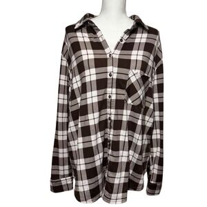 Ambiance Plaid Flannel Button Down Shirt Large Brown White Excellent Stretch